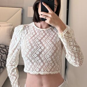 White Lace Crop Top with High Round Neckline